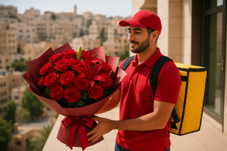 Courier delivering online flower order in Amman with luxury roses