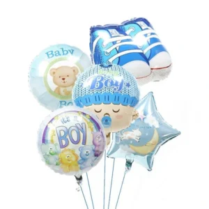 Blue baby-boy set with five foil balloons: booties, teddy round, baby face, animal round and moon star