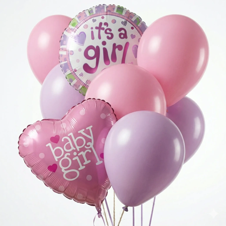 Pink and lilac Baby Girl set with two printed foil balloons and six latex balloons