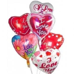 Six red, pink and white printed heart-shaped I Love You foil balloons