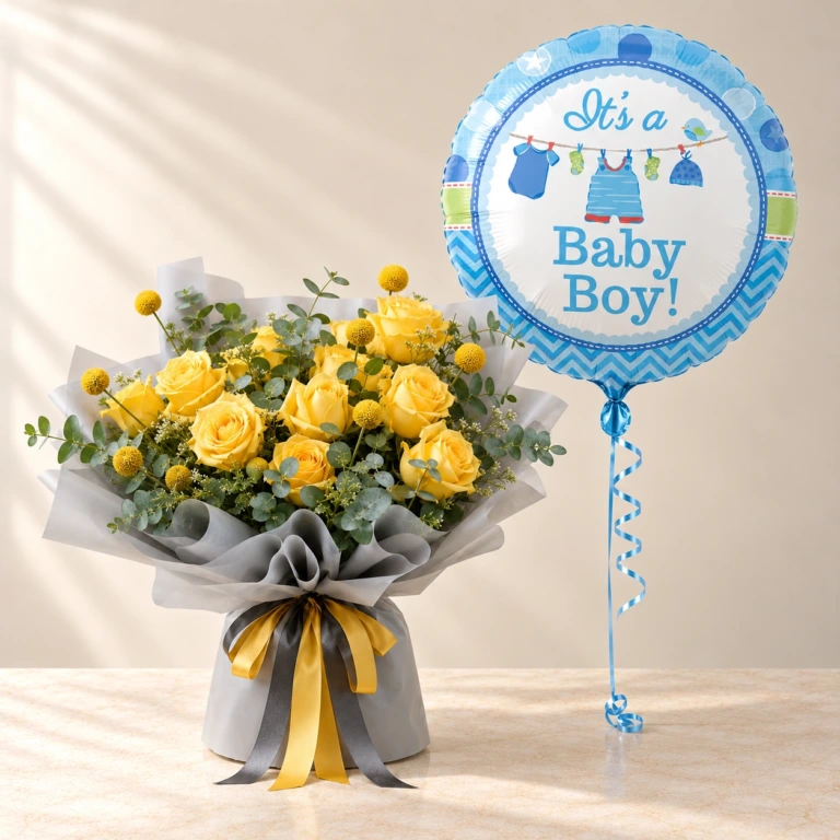 Yellow Sunny Days roses in grey wrapping with one blue and white Baby Boy balloon