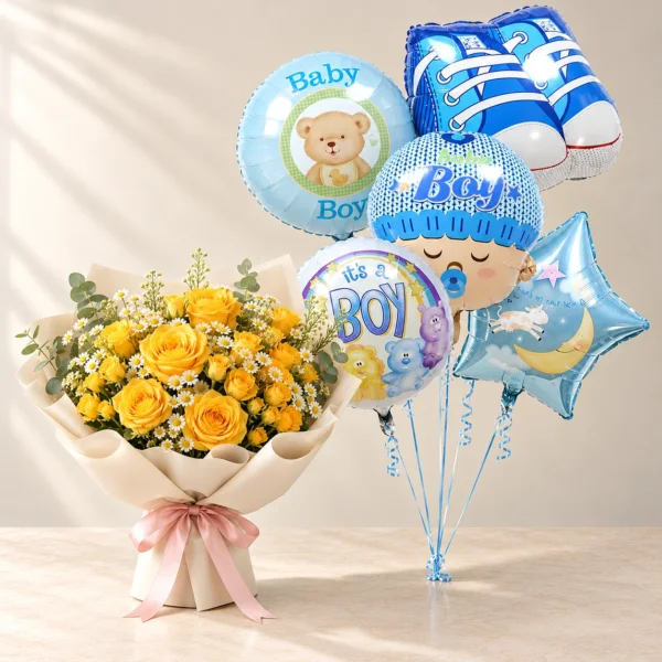 Baby Boy Sunbeam Flowers and Balloons Bundle Yellow Sunbeam roses and daisies with the full five-foil blue Baby Boy balloon set