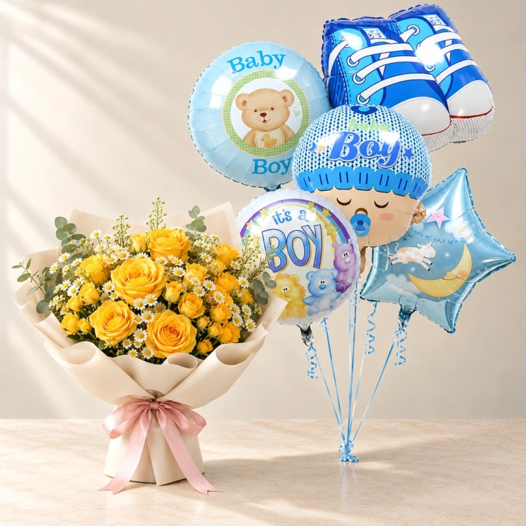 Yellow Sunbeam roses and daisies with the full five-foil blue Baby Boy balloon set