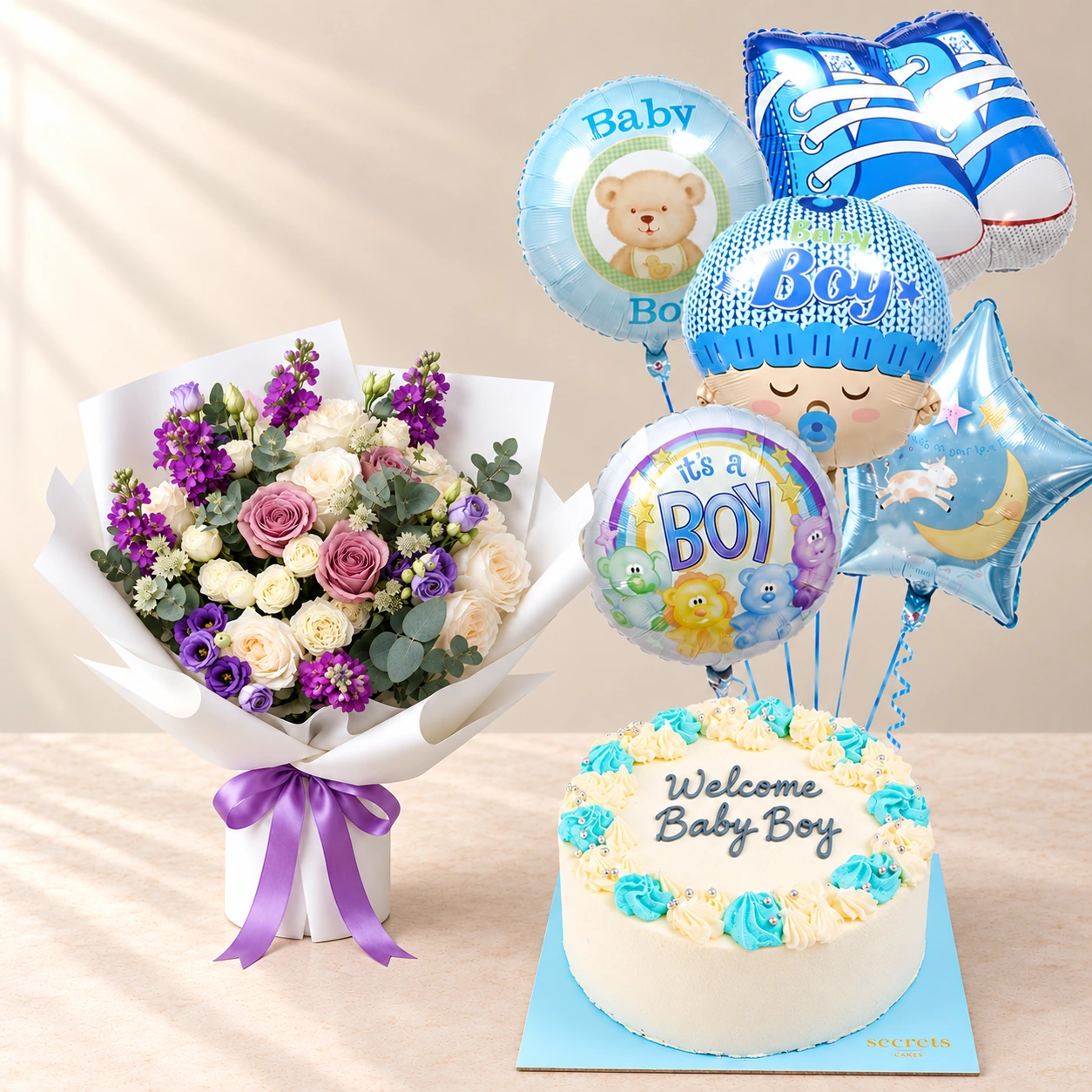 Baby Boy Lavender Flowers Cake and Balloons Bundle