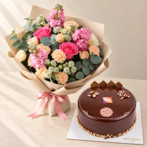 Pink and cream Hues of Nature mixed bouquet beside a round Nutella chocolate cake