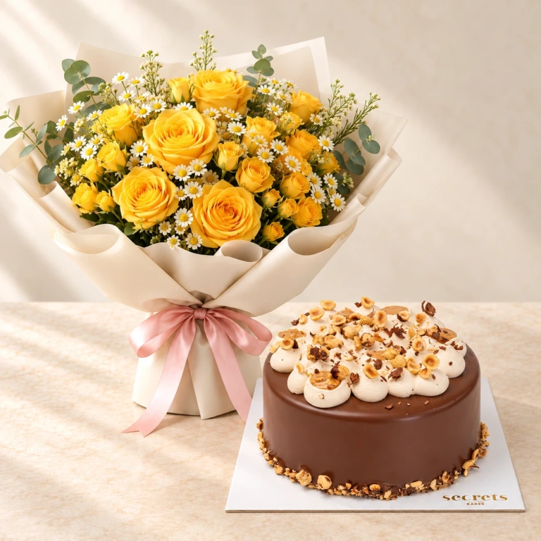 Yellow Sunbeam roses and daisies beside a round chocolate Hazelnut cake with cream decoration