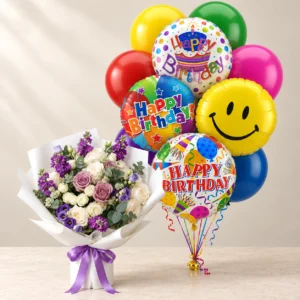 Purple and cream Purple Poetry bouquet with a full multicolour Happy Birthday balloon set