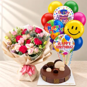 Radiant Rainbow mixed bouquet with a Trois Chocolate cake and full Happy Birthday balloon set