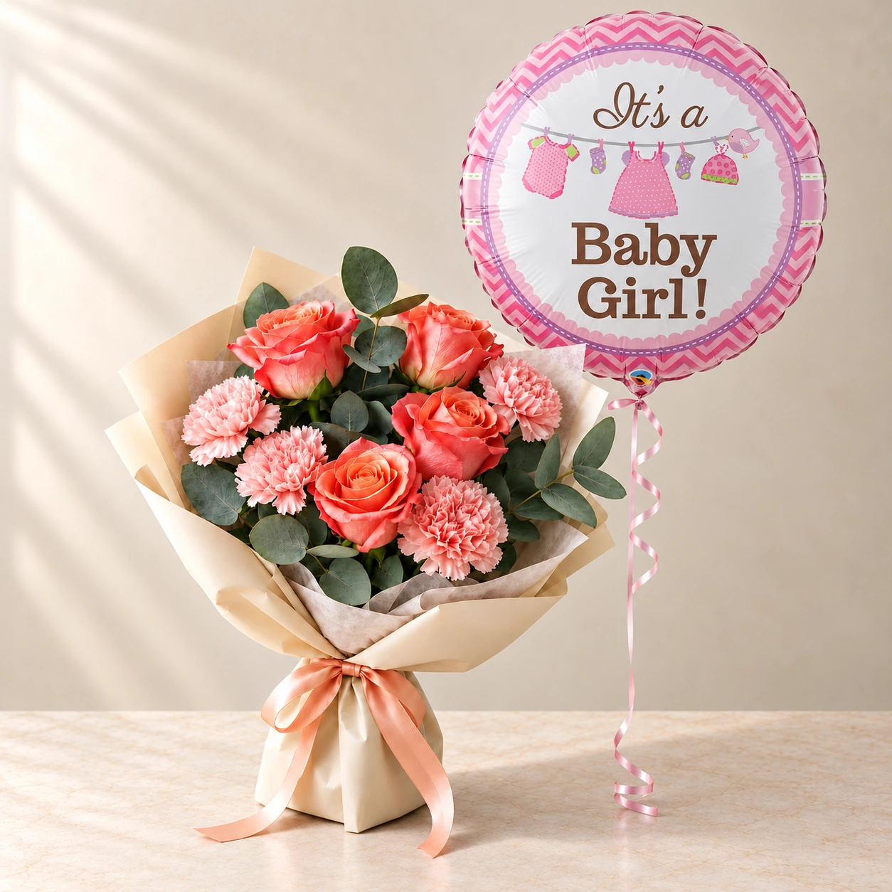Baby Girl Pink Flowers and Balloon Bundle