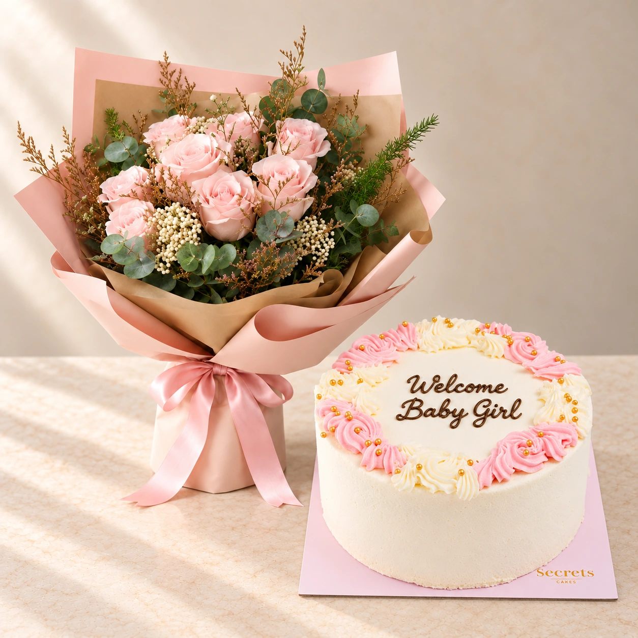 Baby Girl Petite Blush Flowers and Pink Cake Bundle