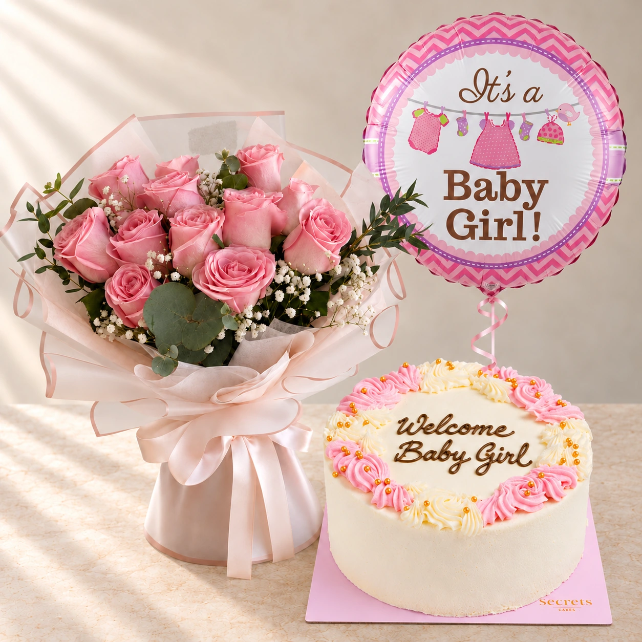 Baby Girl Rosy Flowers Cake and Balloon Bundle