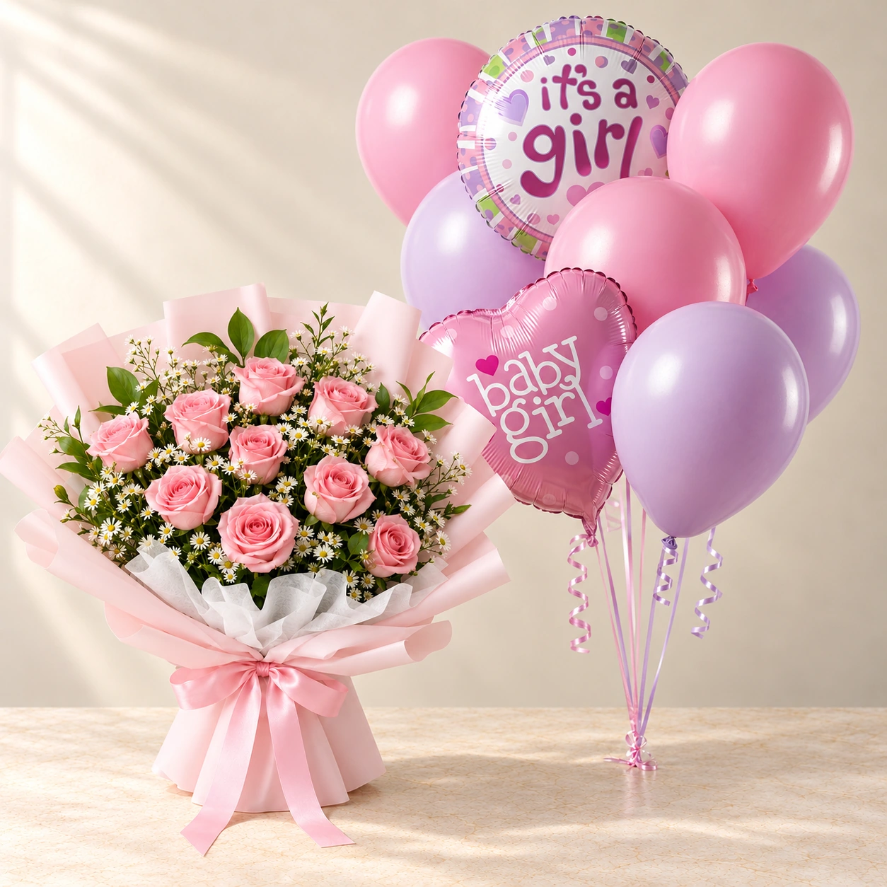 Baby Girl Pink Meadow Flowers and Balloons Bundle