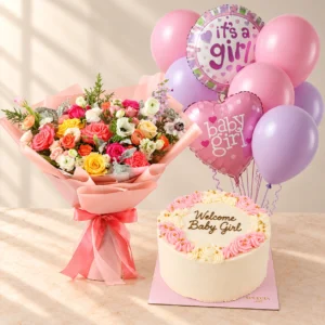 Pastel mixed flowers with a pink and lilac Baby Girl balloon set and a Welcome Baby Girl cake