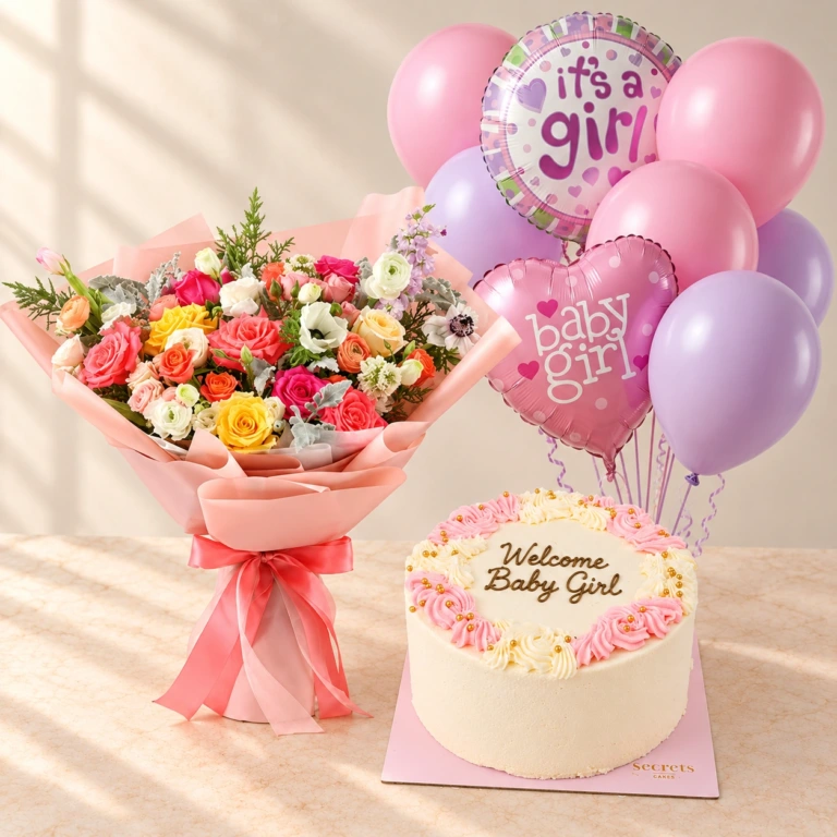 Pastel mixed flowers with a pink and lilac Baby Girl balloon set and a Welcome Baby Girl cake