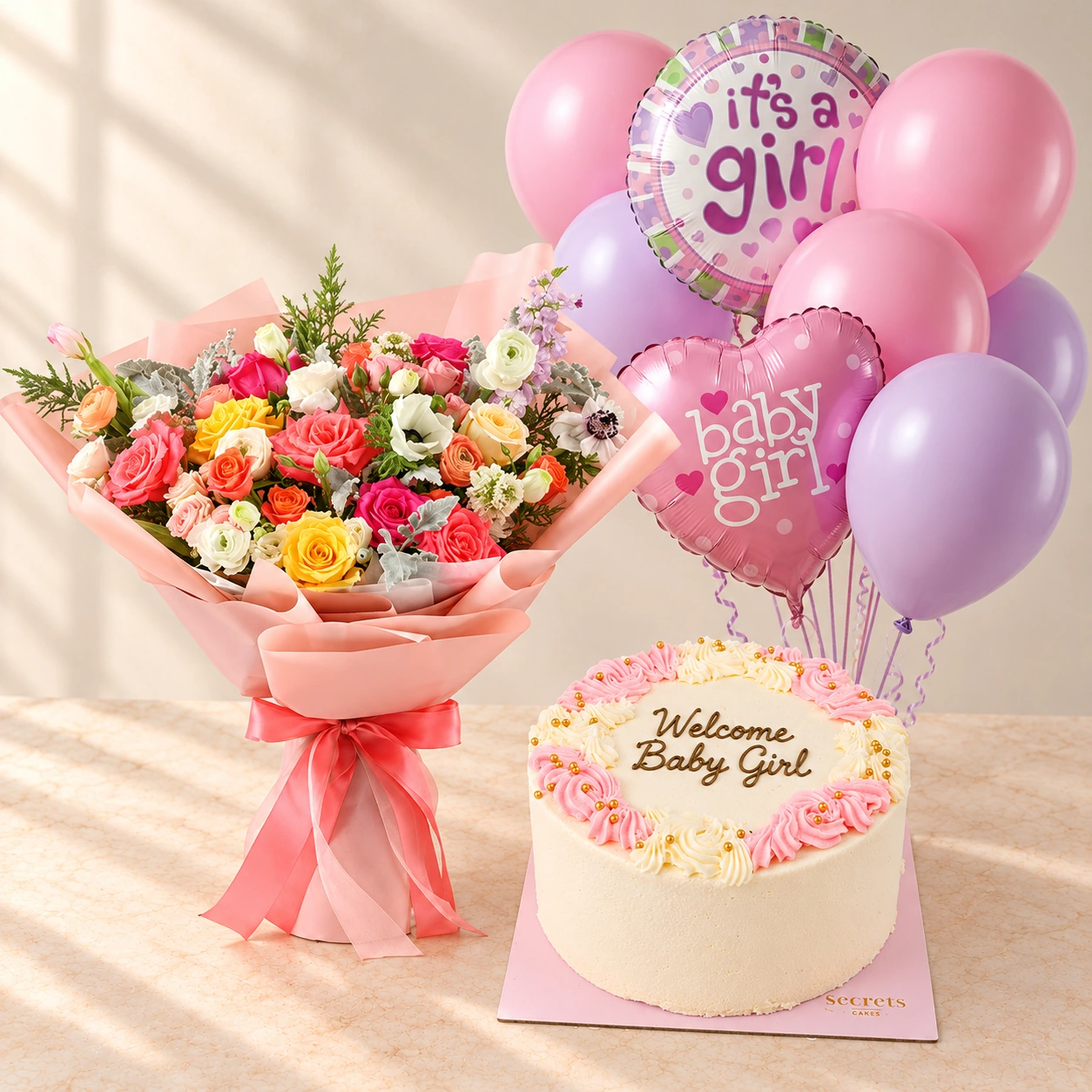 Baby Girl Pastel Flowers Cake and Balloons Bundle