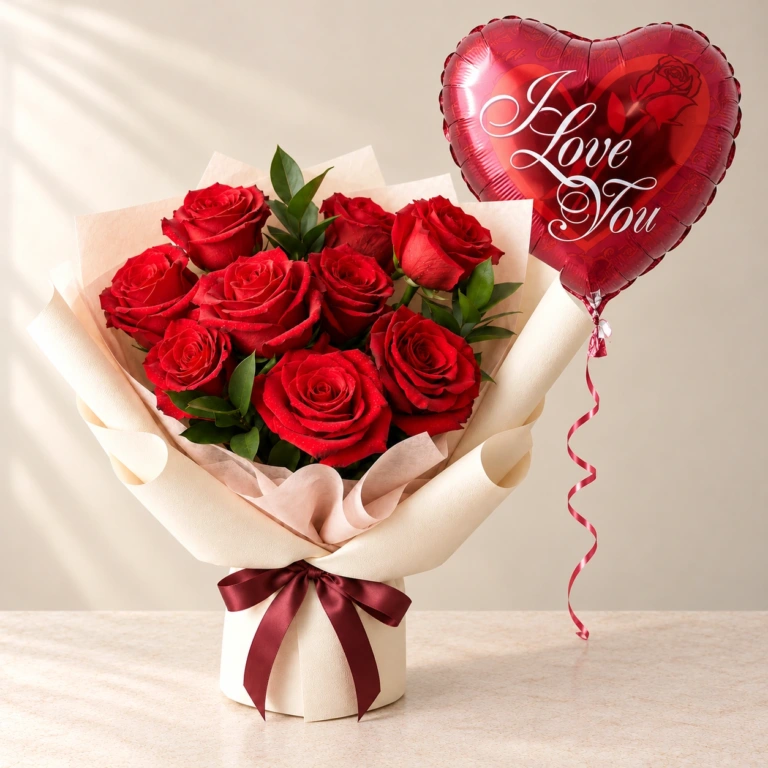 Classic red roses in cream wrapping with one red heart-shaped I Love You balloon