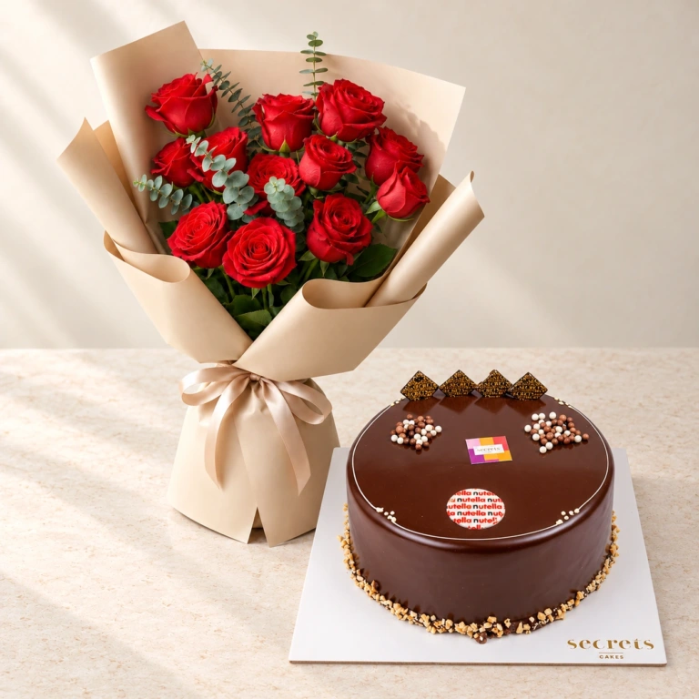 Passionate Scarlet red roses and eucalyptus beside a round Nutella chocolate cake