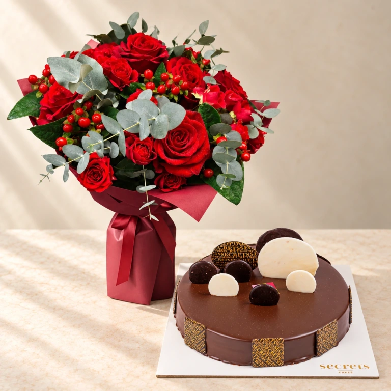 Deep red Passionate Petals roses and eucalyptus beside a Trois Chocolate cake