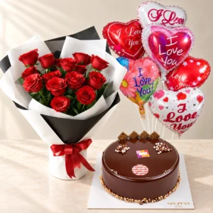 Eternal Love red roses in black and white wrapping with Nutella Cake and six Love heart balloons