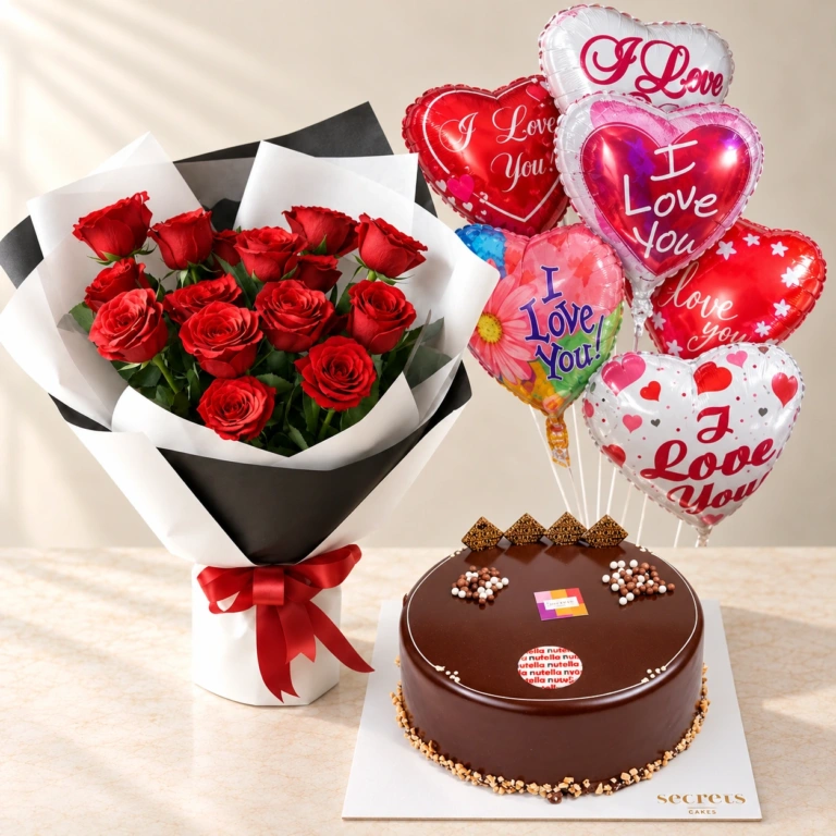 Eternal Love red roses in black and white wrapping with Nutella Cake and six Love heart balloons